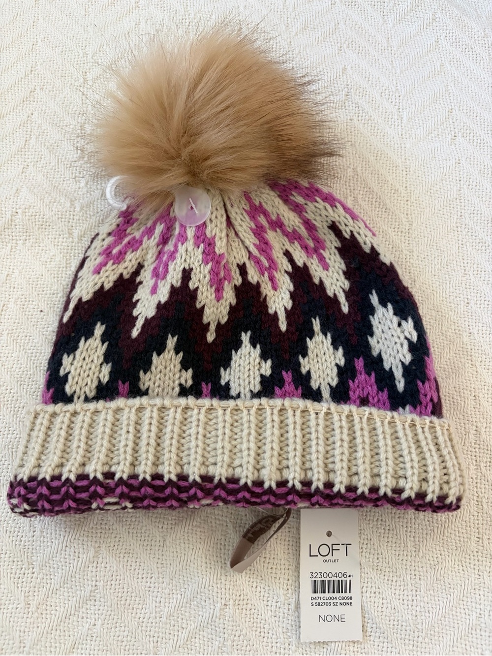 LOFT Kids Knit Pom Beanie in Cream, Pink & Black with Brown Pom